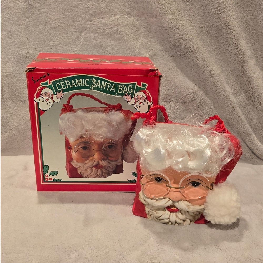 Vtg. Santa Claus Face Ceramic Gift Bag With Handle Rectangle Glasses 1997